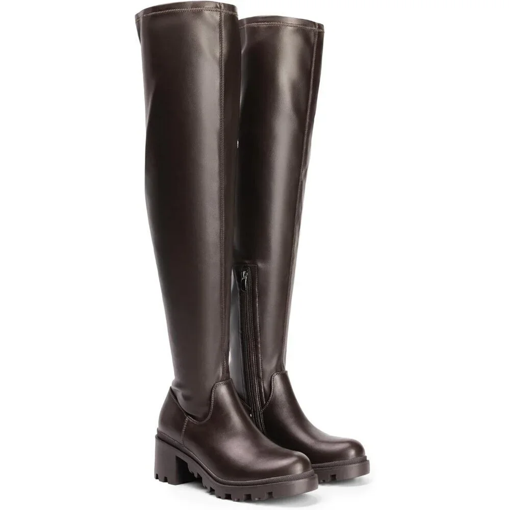 Women's Brown-pu Faux Leather Knee High Over The Knee High Chunky Heel Boots